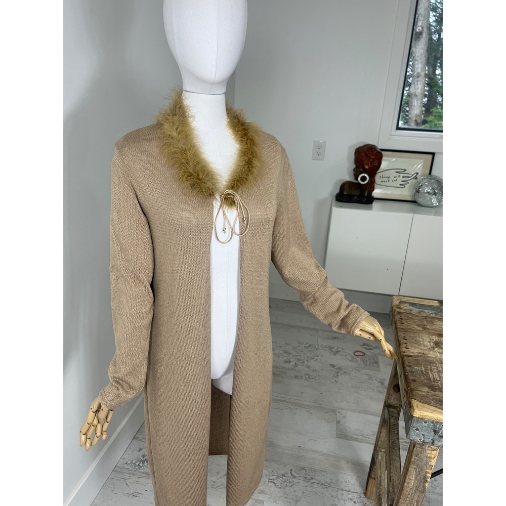 90s Tan Tie Front Duster Sweater Boa Neckline Size‎ L